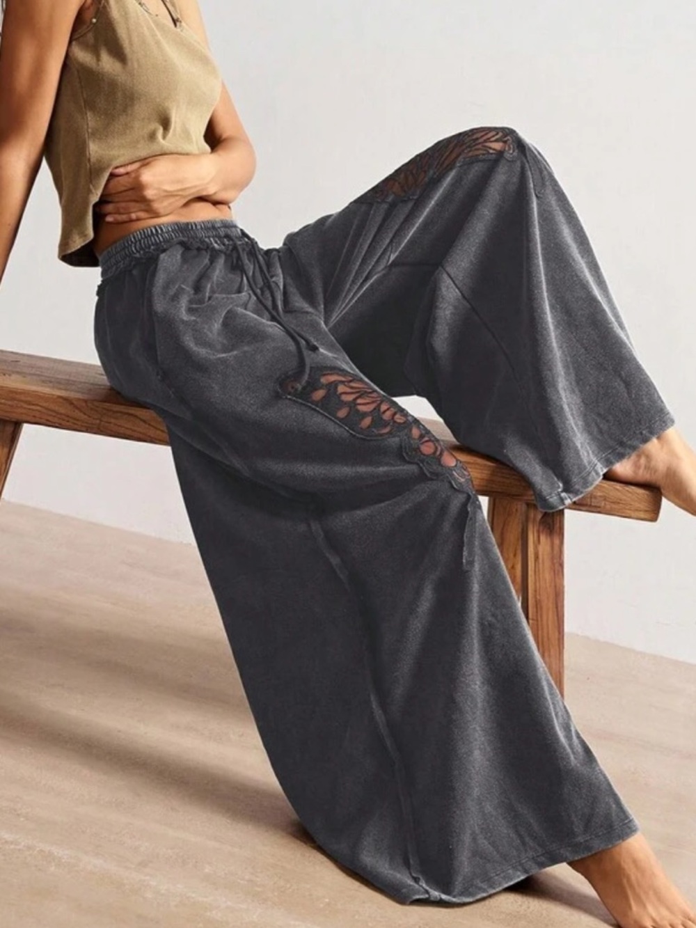 Boho Loose Sheer Butterfly Appliqué Lace details Wide Leg Pants Grey